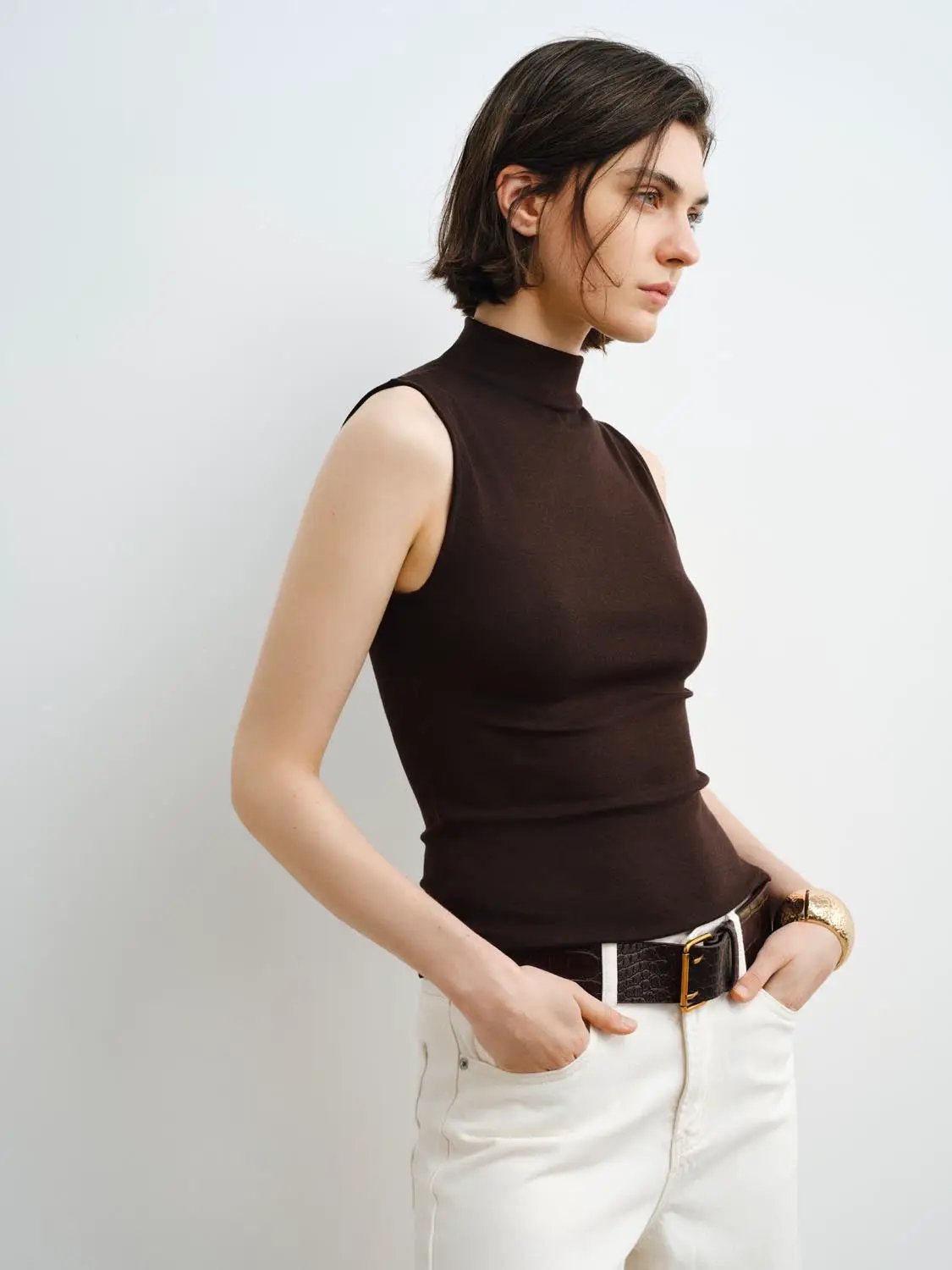Tank Top by Urban Revivo Fashion, dark brown sleeveless mock-neck knit