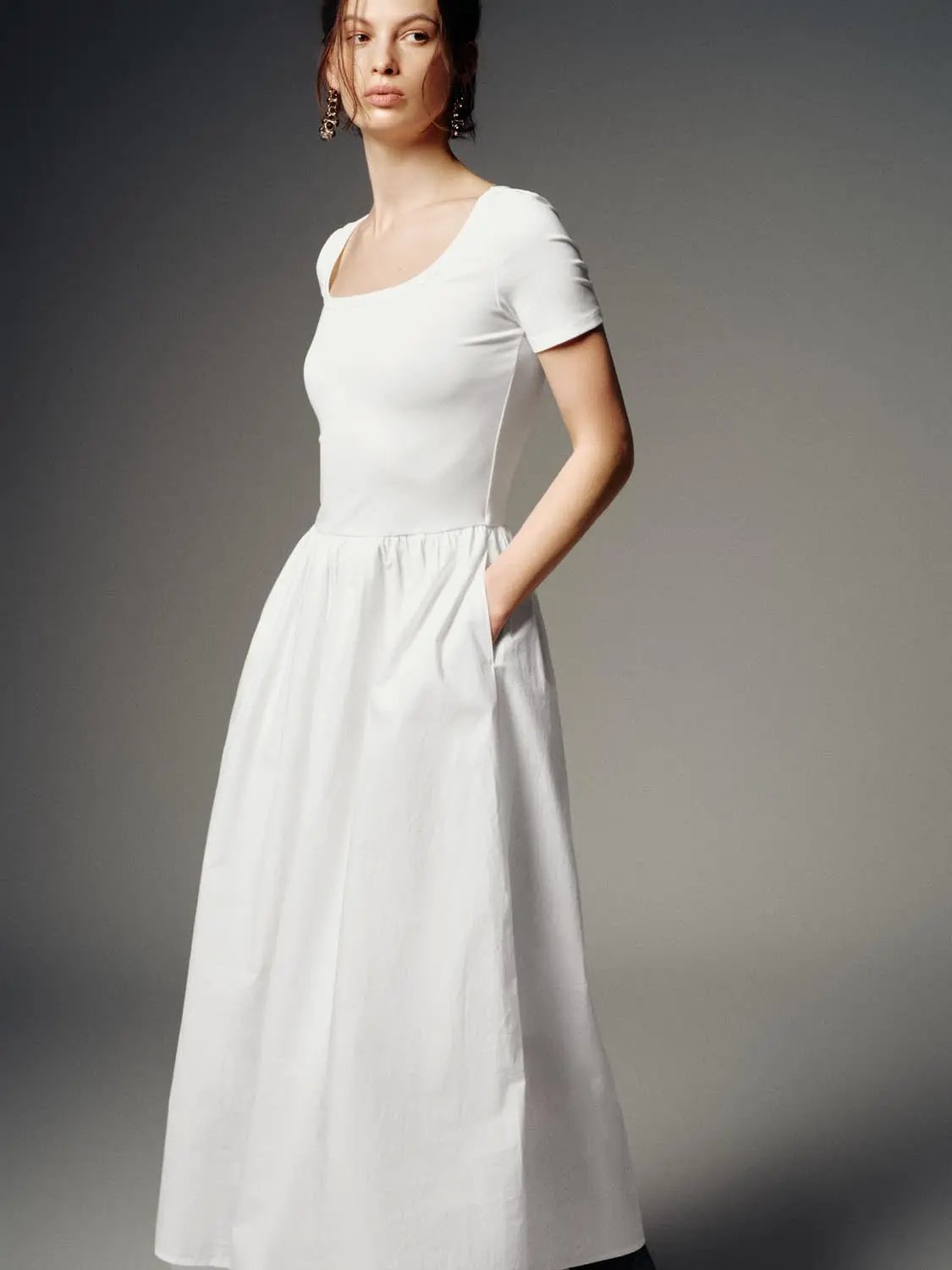 Scoop Neck Short Sleeve A-Line Midi Dresses by Urban Revivo Fashion