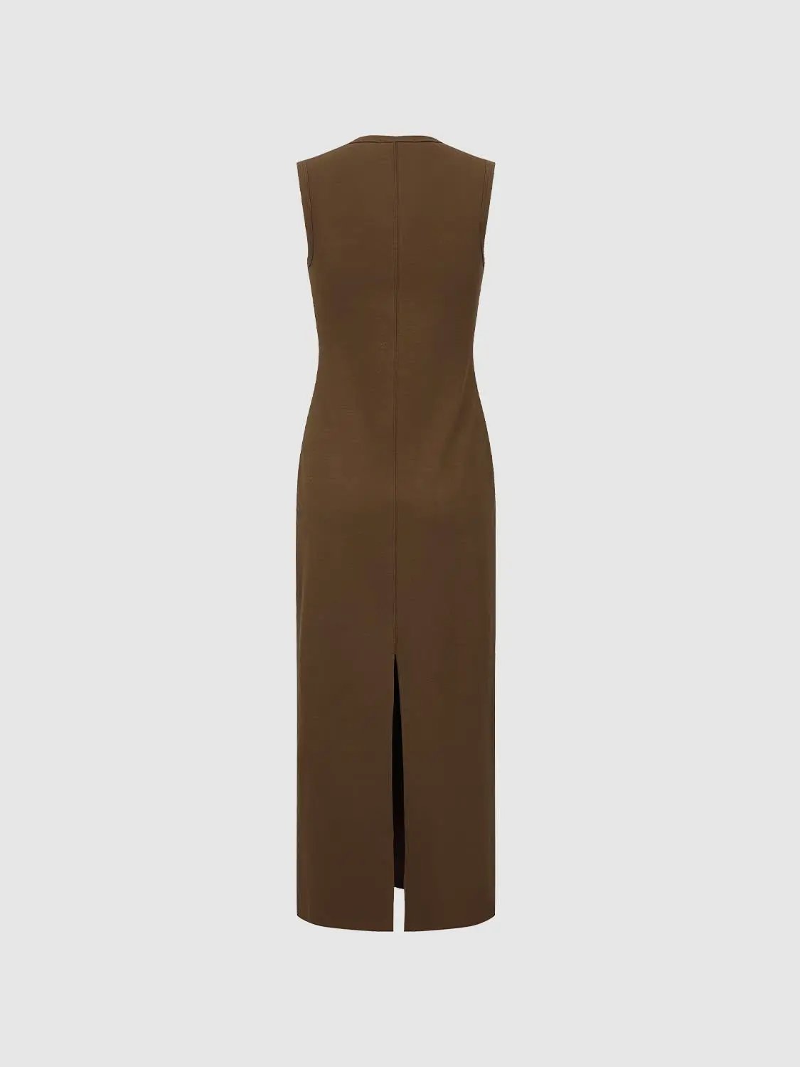 Cotton Stretch Square-Neck Sleeveless Maxi Dress by Urban Revivo Fashion, brown back view with center seam and back slit.