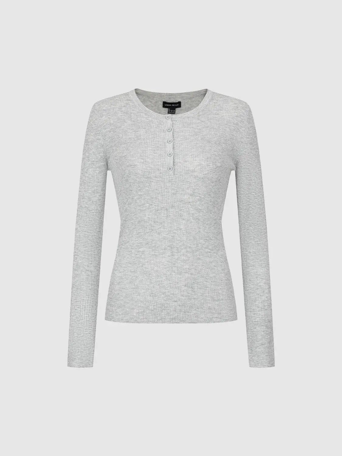 Slim ribbed button-front long sleeve knit T-shirt in gray heather by Urban Revivo Fashion