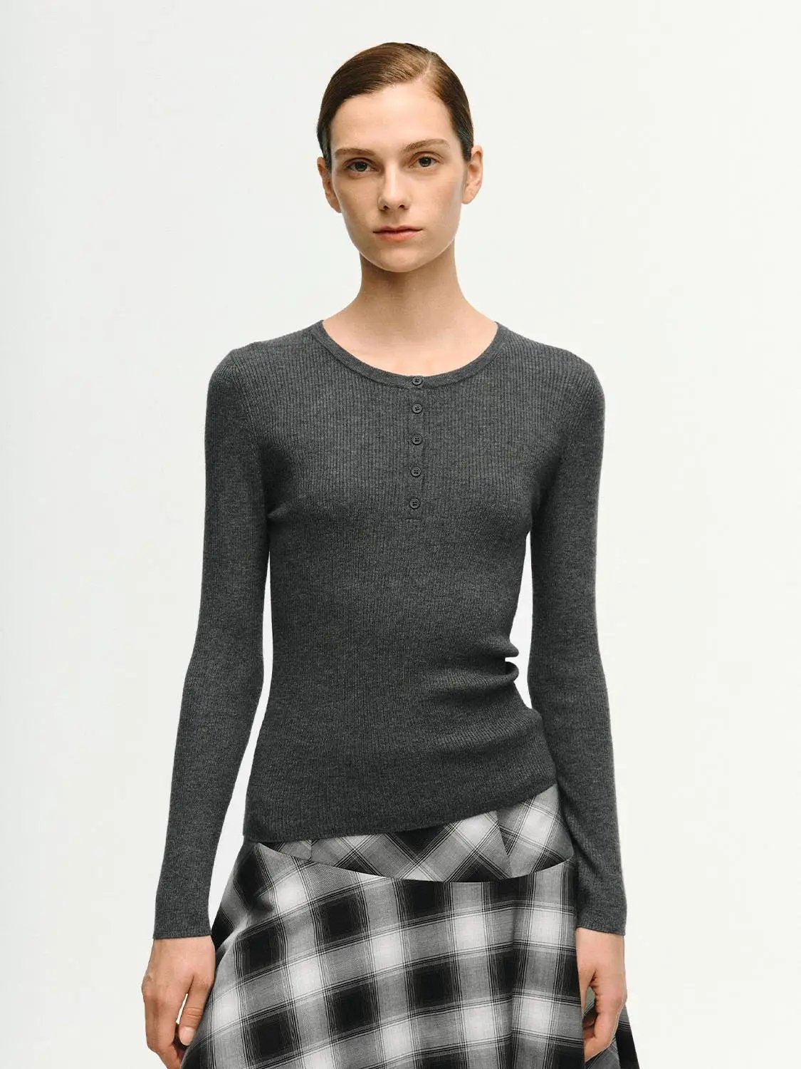 Slim Ribbed Button Front Long Sleeve T-Shirt in dark gray by Urban Revivo Fashion