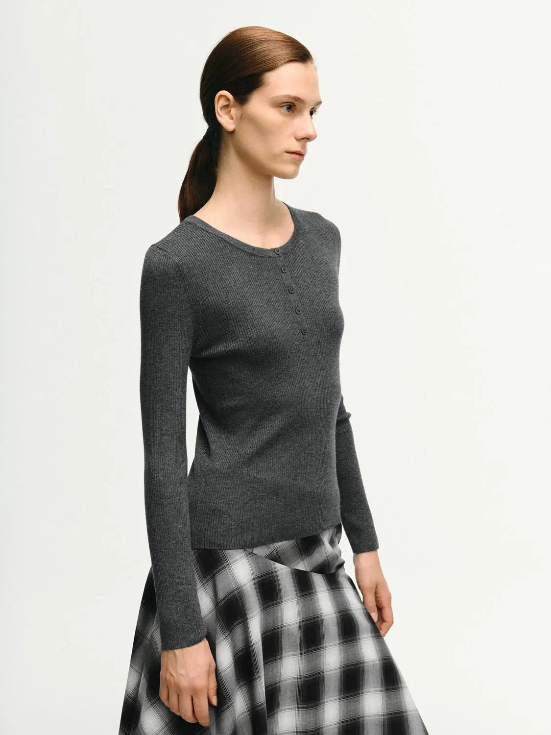 Slim Ribbed Button Front Long Sleeve T-Shirt in gray knit