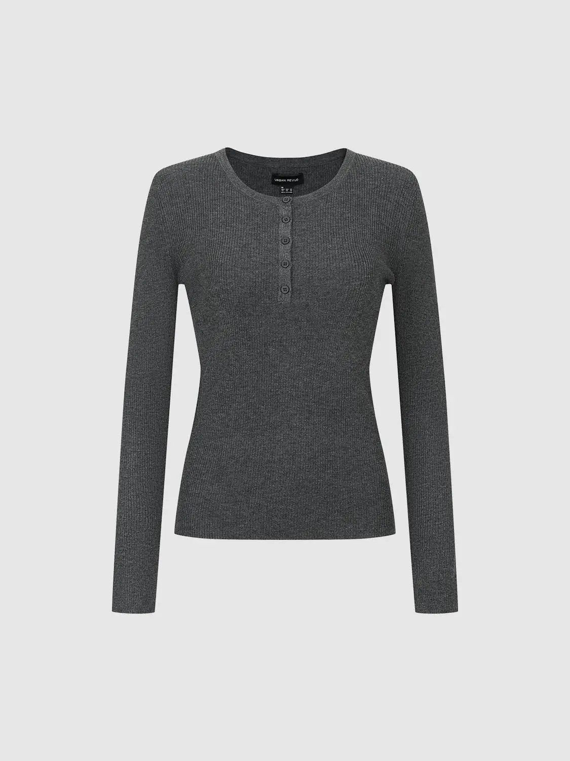 Slim ribbed button-front long-sleeve knit T-shirt in dark gray by Urban Revivo Fashion