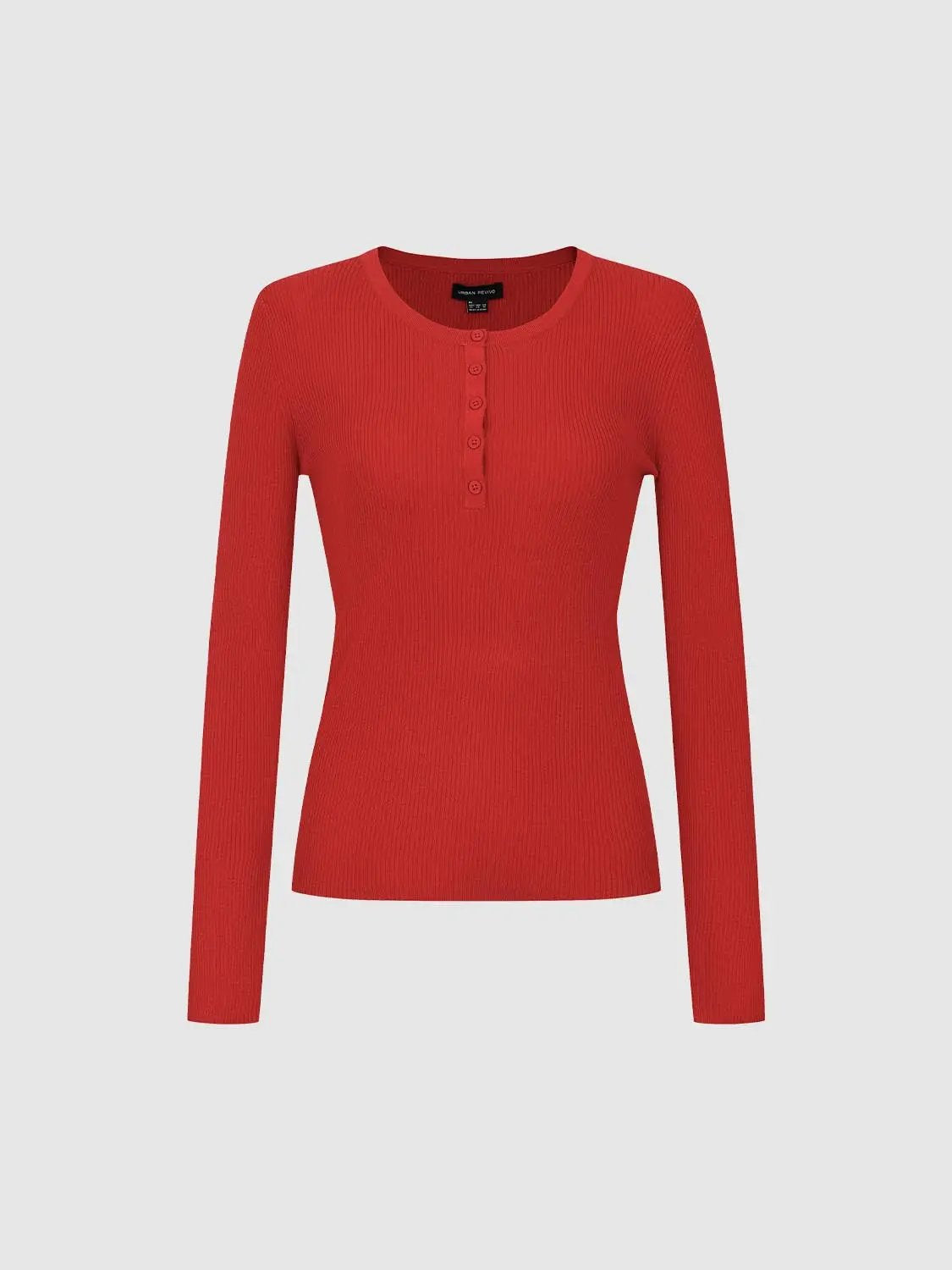 Slim ribbed button-front long-sleeve knit T-shirt in red by Urban Revivo Fashion