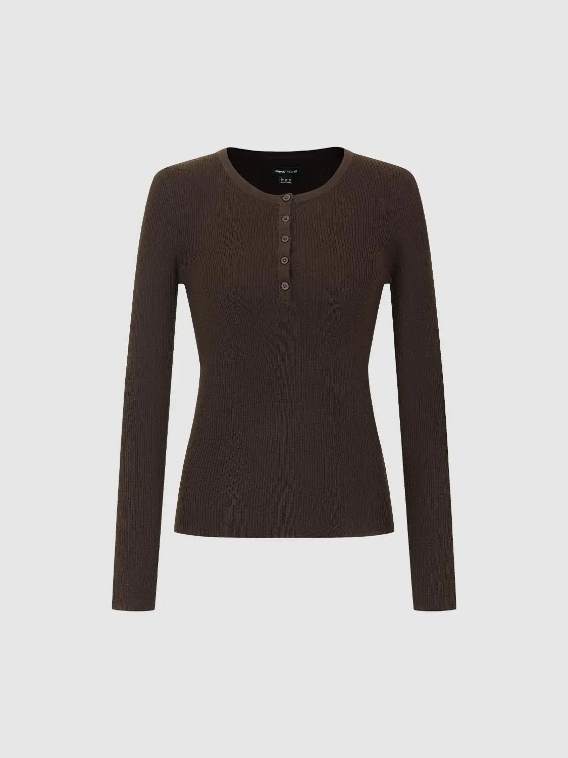 Slim ribbed button-front long-sleeve knitted T-shirt in brown with a five-button placket.