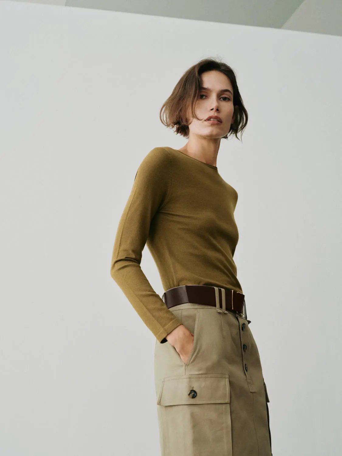 Knit T-Shirt and beige cargo skirt, 2-piece olive top outfit by Urban Revivo Fashion