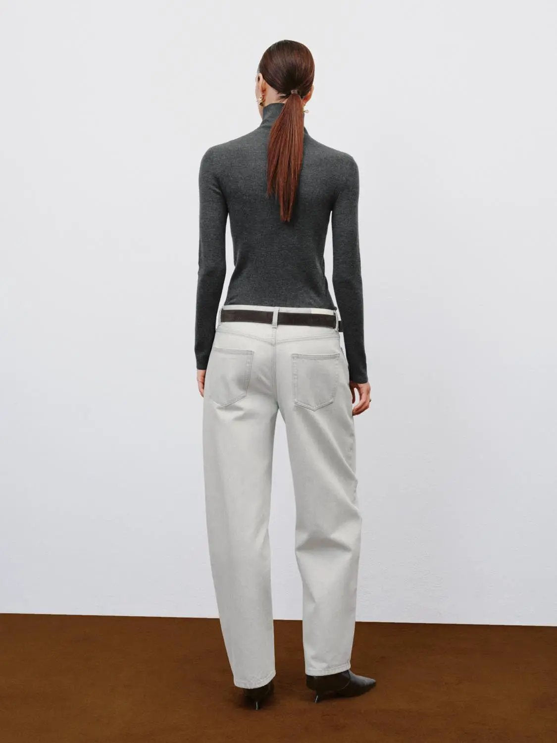 Ribbed fitted mock-neck long-sleeve knitted sweater in charcoal gray, back view