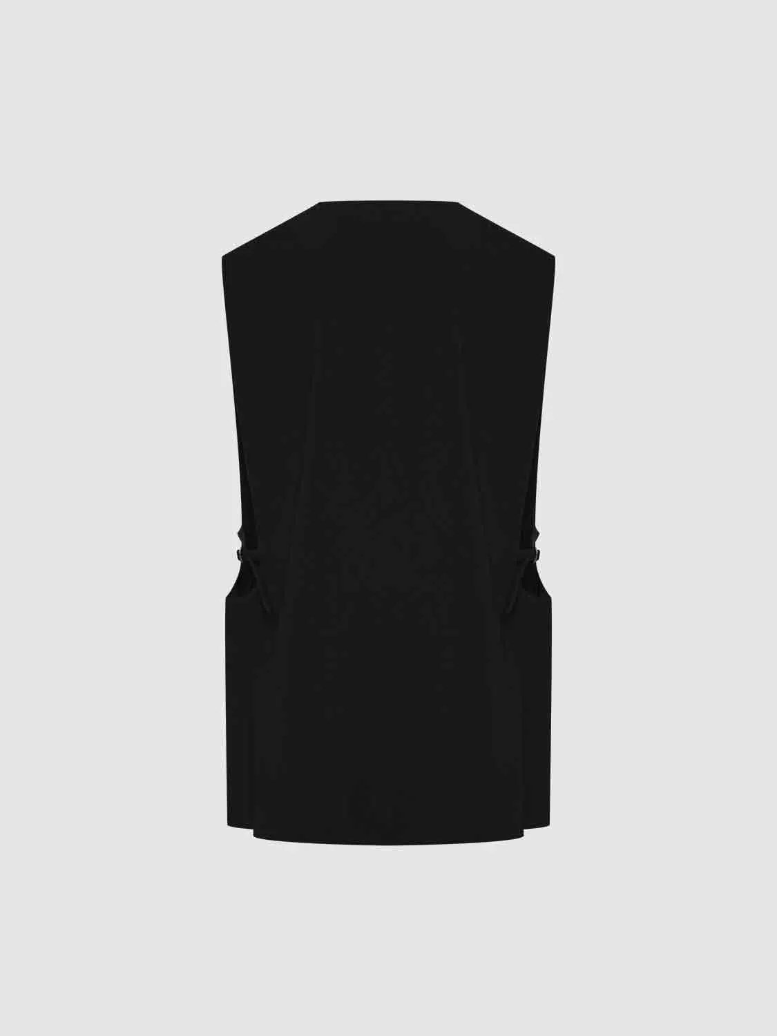 Sleeveless vest back view in black with adjustable side straps