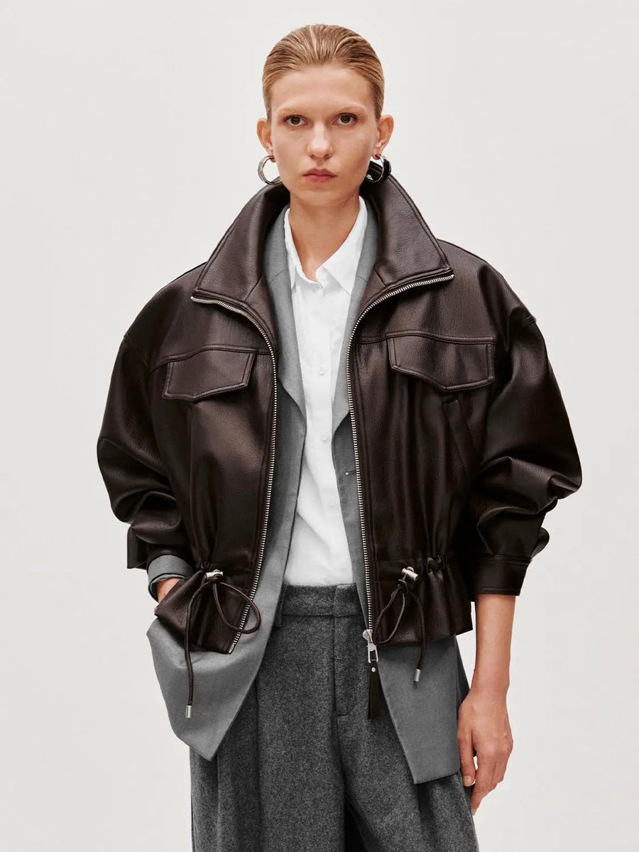 Faux Leather Drawstring Bomber Jacket Chic Outerwear – URBAN REVIVO