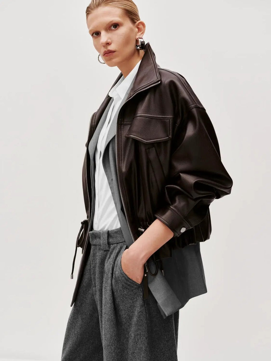 Faux Leather Drawstring Bomber Jacket Chic Outerwear – URBAN REVIVO