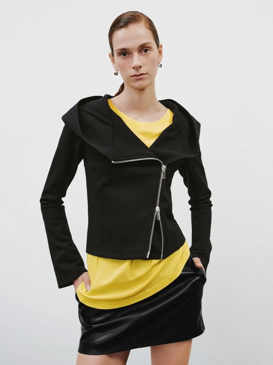 Asymmetrical Zip Hooded Long Sleeve Cotton-Blend Hoodie jacket, black, Urban Revivo Fashion.