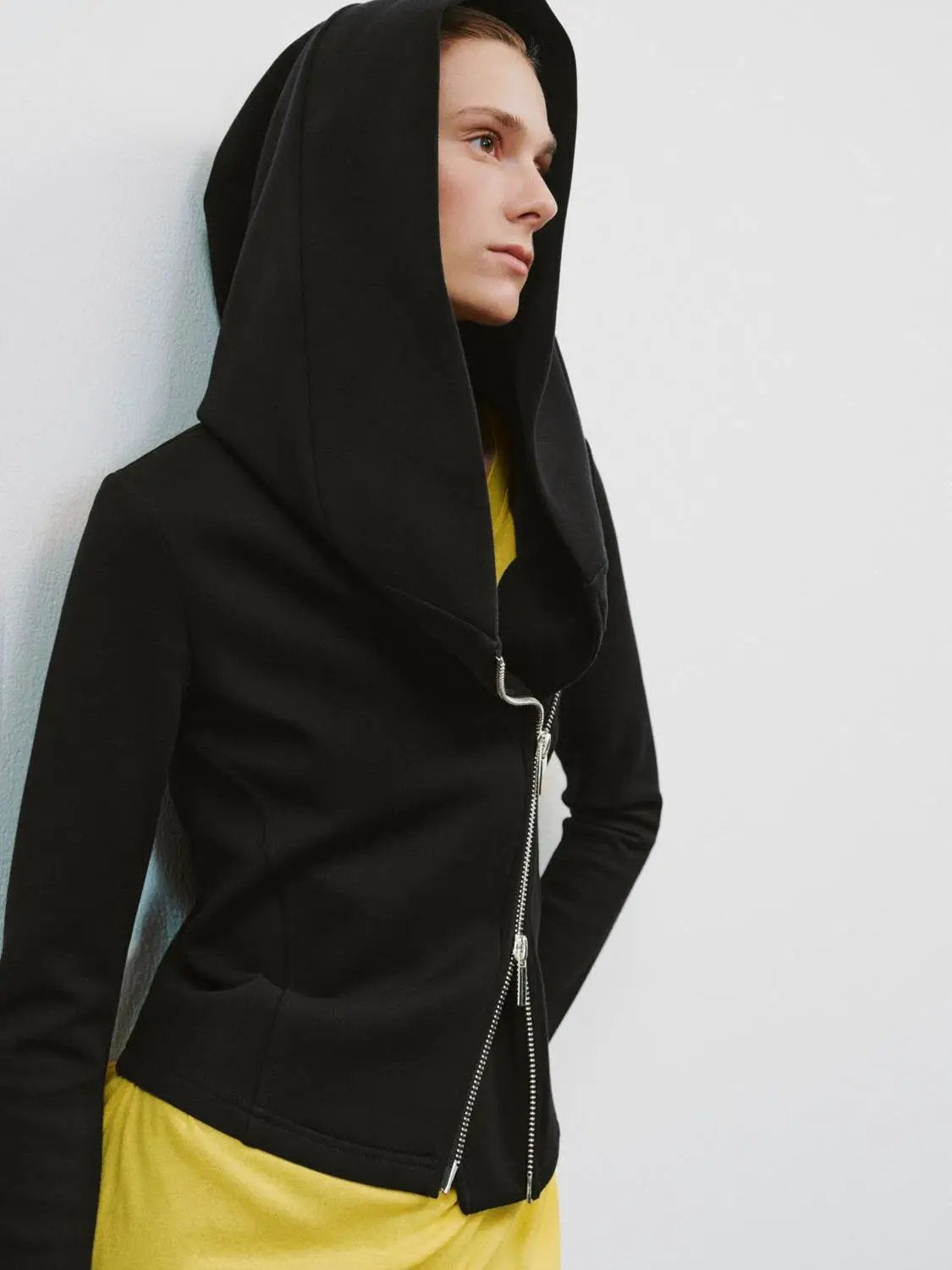 Asymmetrical Zip Hooded Cotton-Blend Hoodie by Urban Revivo Fashion in black, zip-front design.