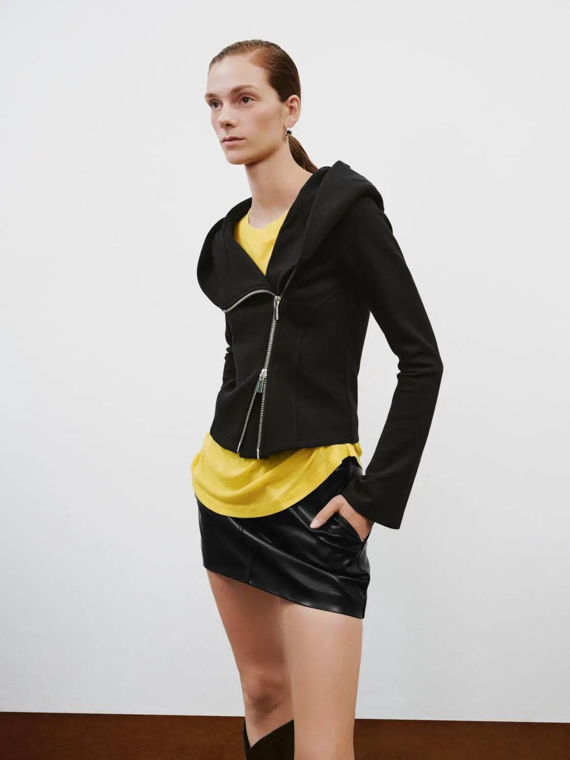 Asymmetrical Zip Hooded Long Sleeve Cotton Blend Hoodie, black; women's jacket