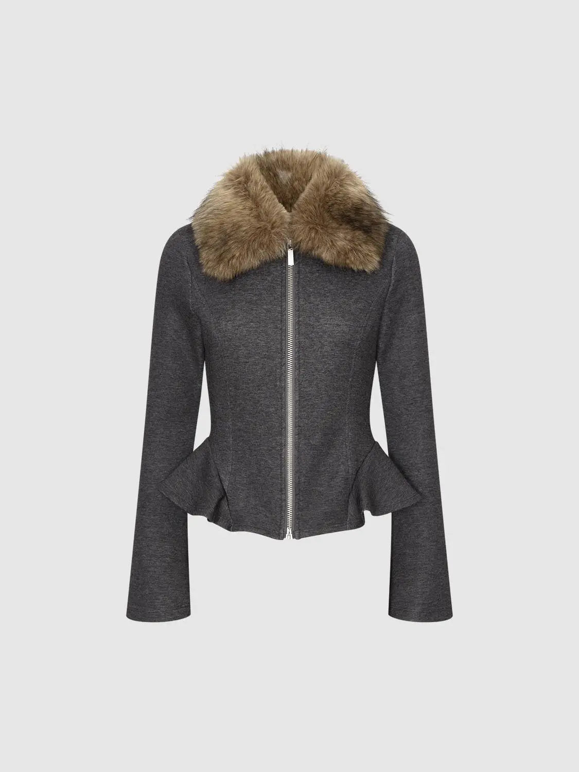 Hoodie jacket in dark grey knit with a brown fur collar, zip front, and peplum hem.
