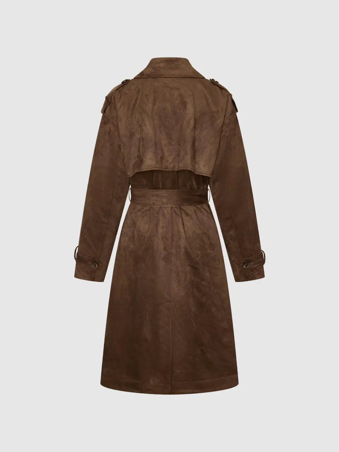 Coat, brown suede trench with belted waist and shoulder epaulettes by Urban Revivo Fashion