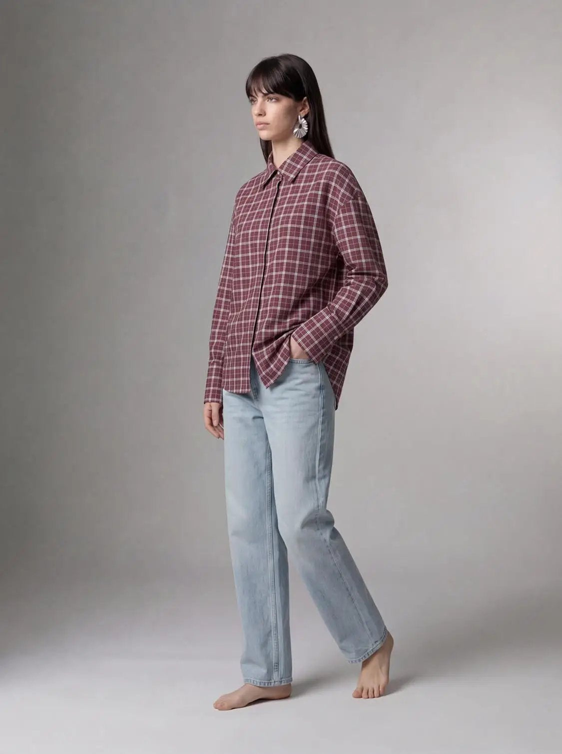 Point collar cotton check shirt in burgundy plaid, loose-fit button-up
