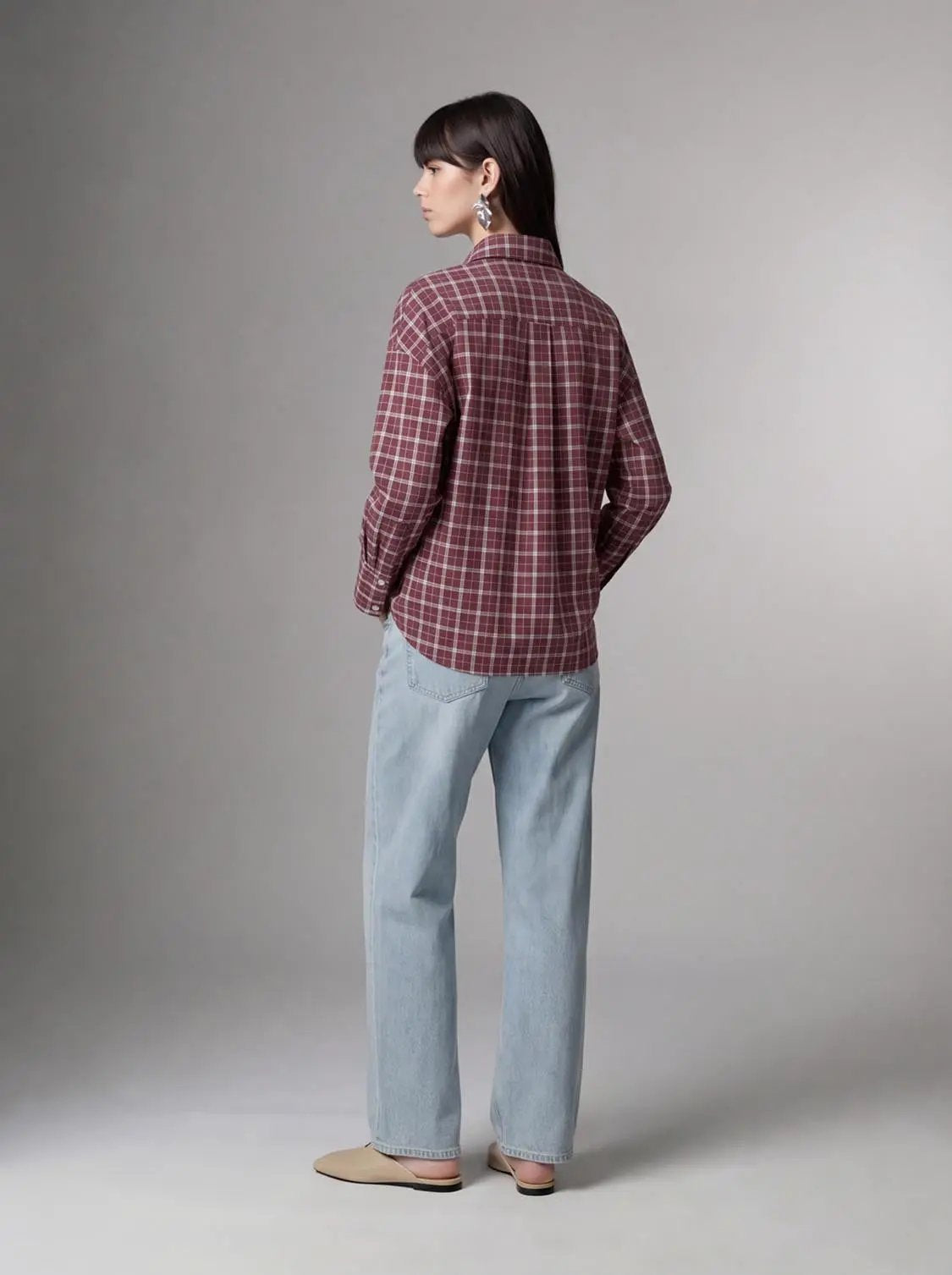 Point Collar Loose Fit Burgundy Check-Pattern Cotton Button-Up Shirt