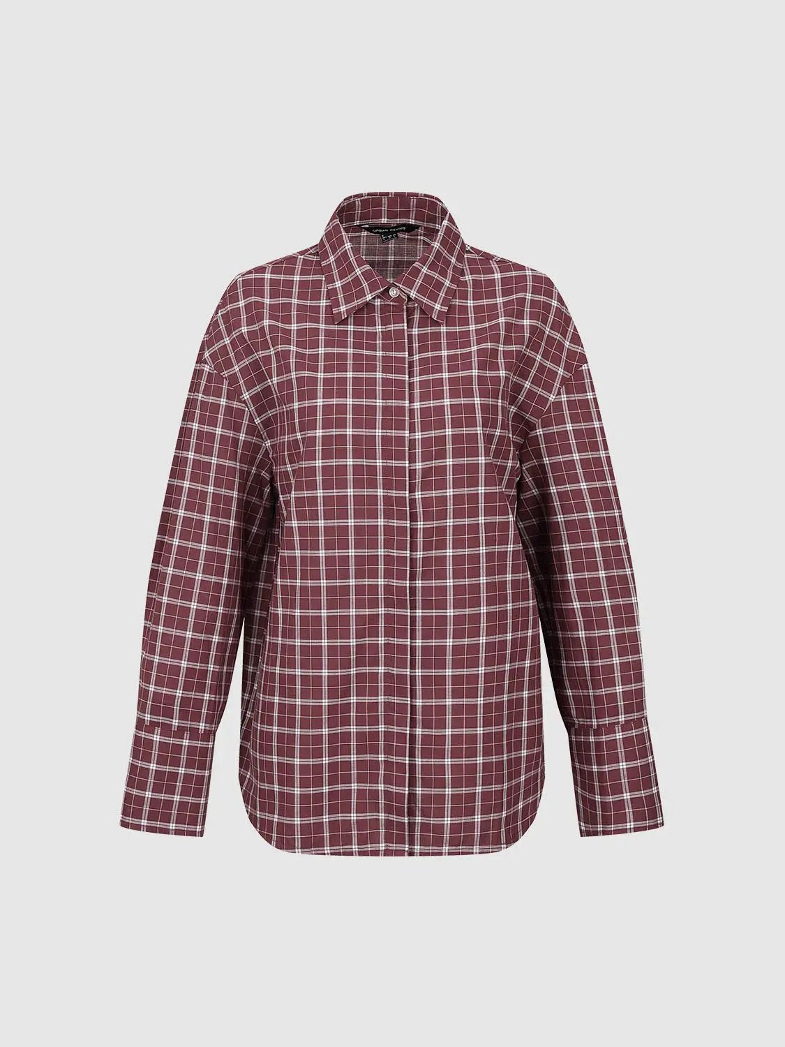 Point Collar Loose Fit Check Pattern Button Up Cotton Shirt in burgundy with white grid pattern