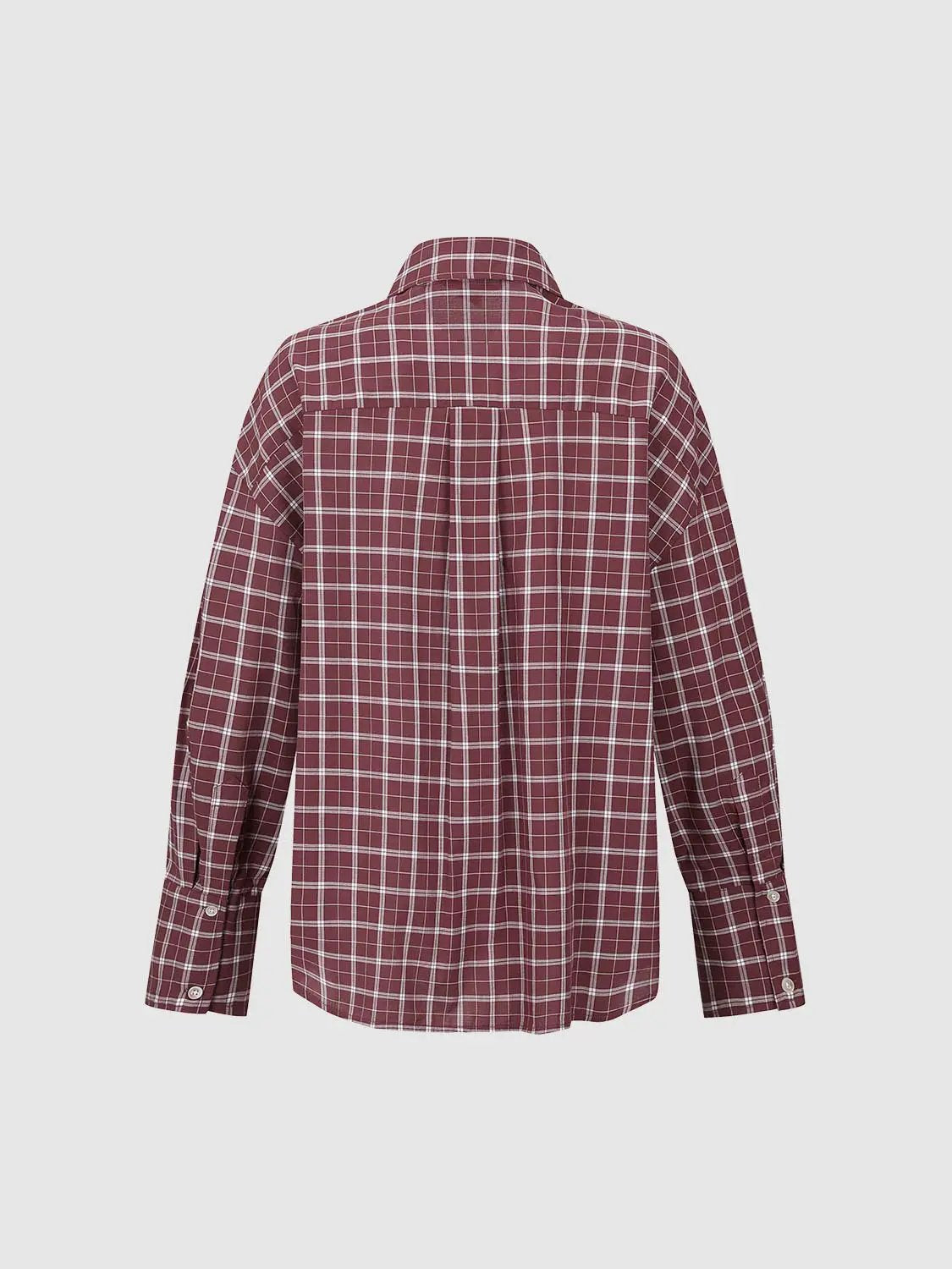 Point Collar Loose Fit Check Pattern Button Up Cotton Shirt, burgundy plaid, long-sleeve