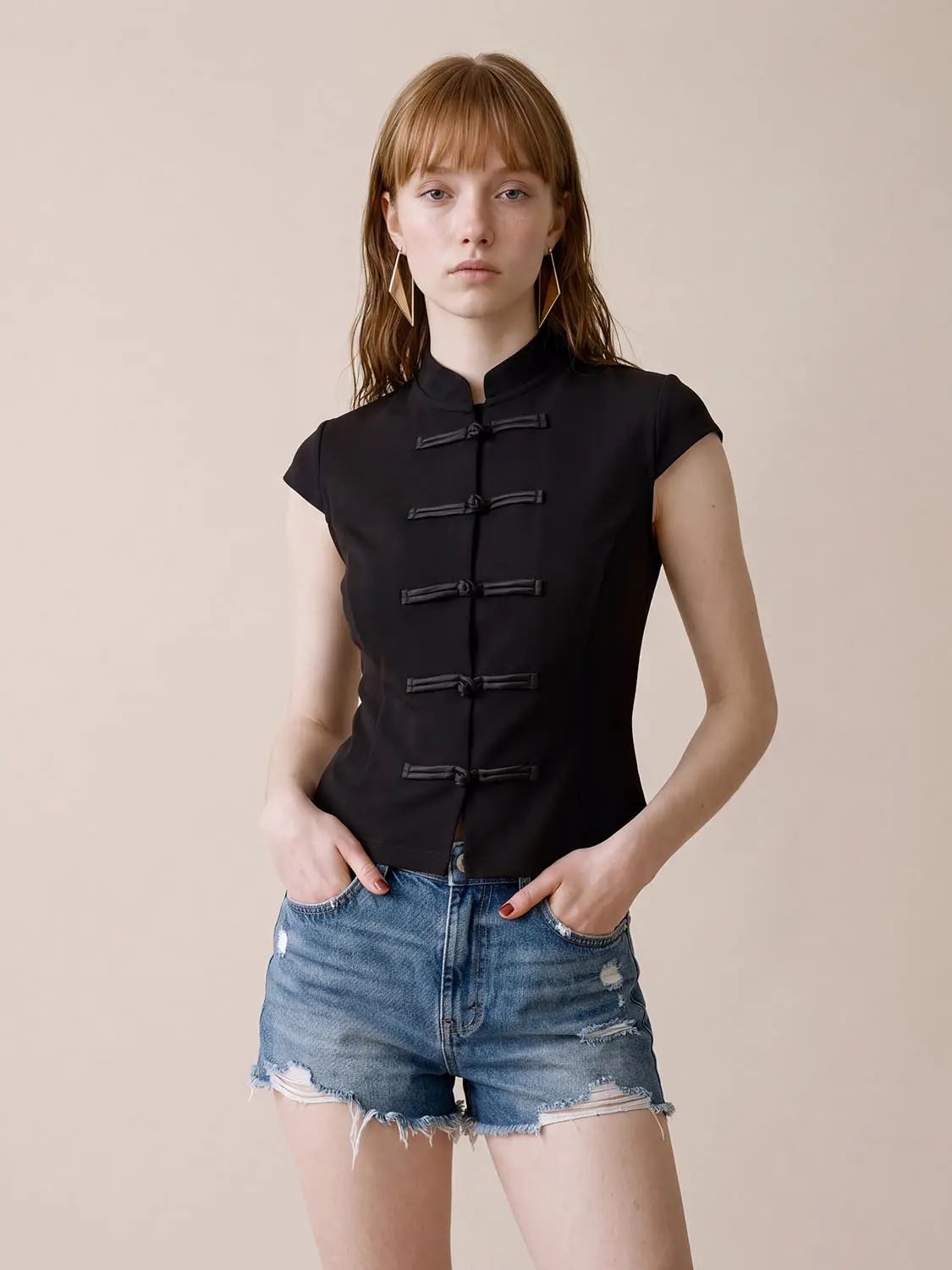 Frog Button Mandarin Collar Fitted Sleeveless Cardigan in black with front frog closures