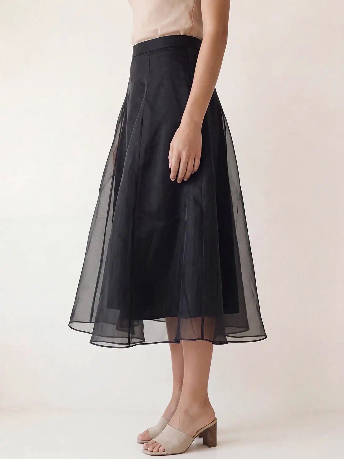 High Waist Irregular Hem Flared Midi Mesh Skirt, black, Urban Revivo Fashion