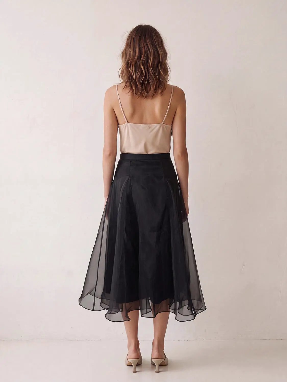 High Waist Irregular Hem Flared Midi Mesh Skirt with black sheer overlay