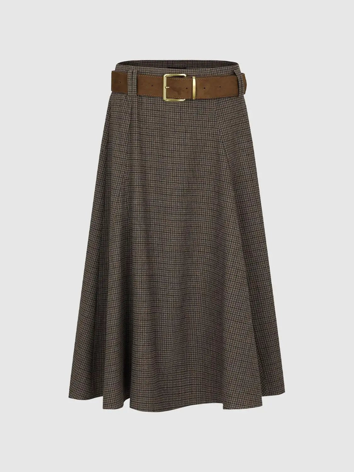Checked mid-rise belted A-line midi skirt in brown plaid with tan belt and gold buckle