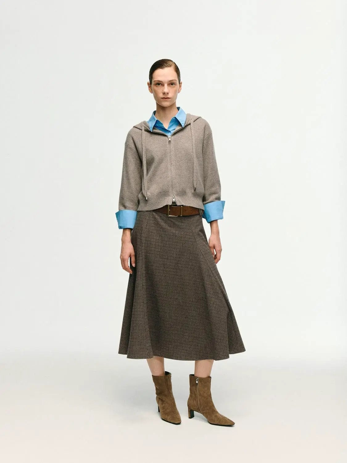 Checked mid-rise belted A-line midi skirt in brown plaid from Urban Revivo Fashion