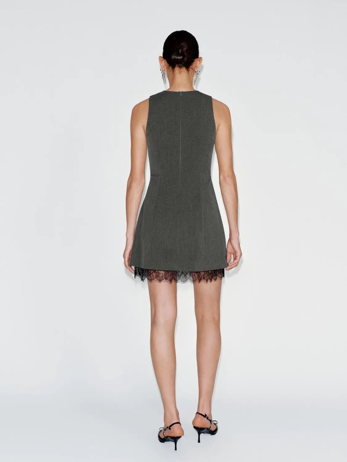 Buttoned Front A-line Lace Hem Charcoal Dress, Urban Revivo Fashion, back view