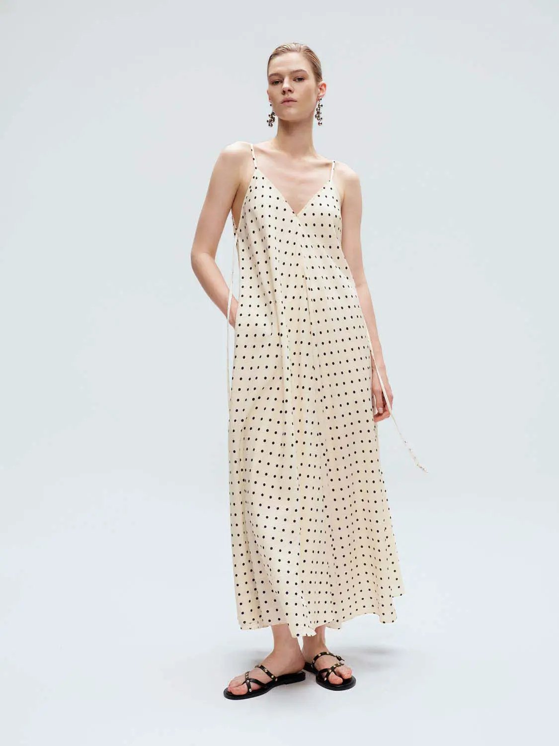 Polka Dot Strappy V-Neck A-Line Midi Dress in cream with black polka dots, spaghetti straps