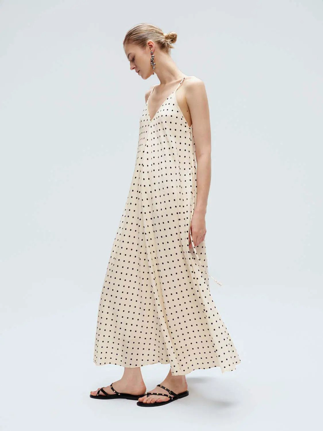 Polka dot strappy V-neck A-line midi dress in cream with black polka dots