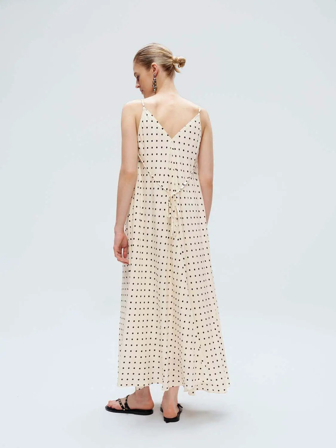 Polka Dot Strappy V-Neck A-Line Midi Dress in beige with black dots; back waist tie, Urban Revivo Fashion