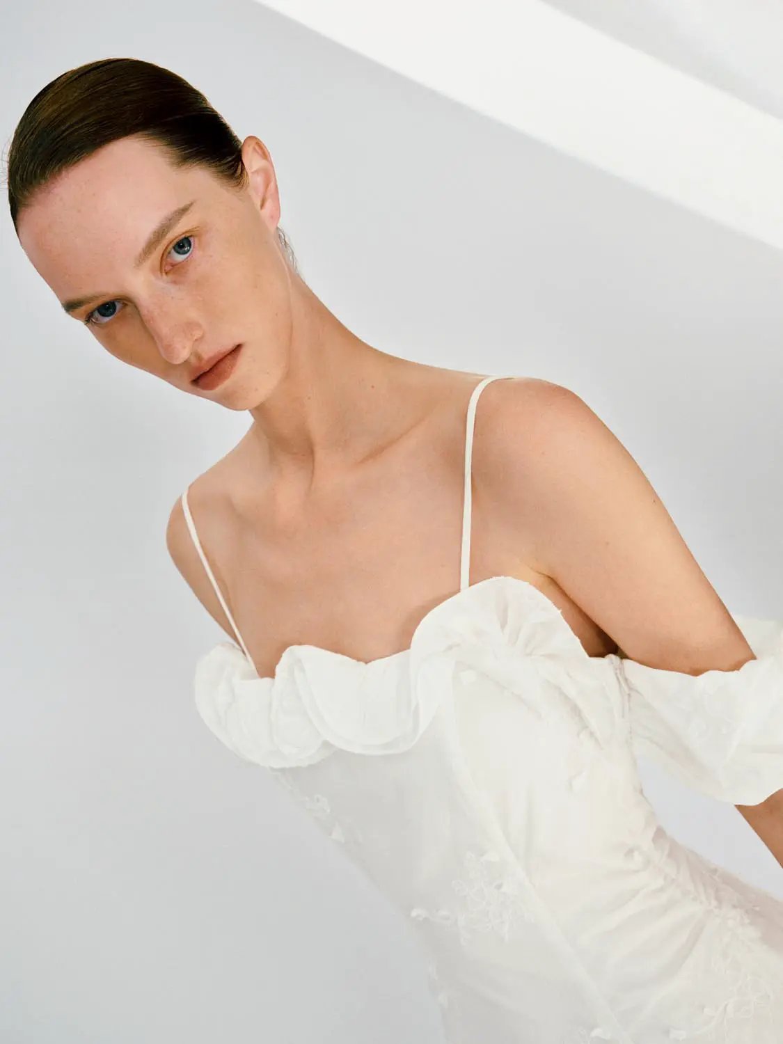 Cotton Lyocell A-Line Strappy Ruffle Trim Midi Dress in white.