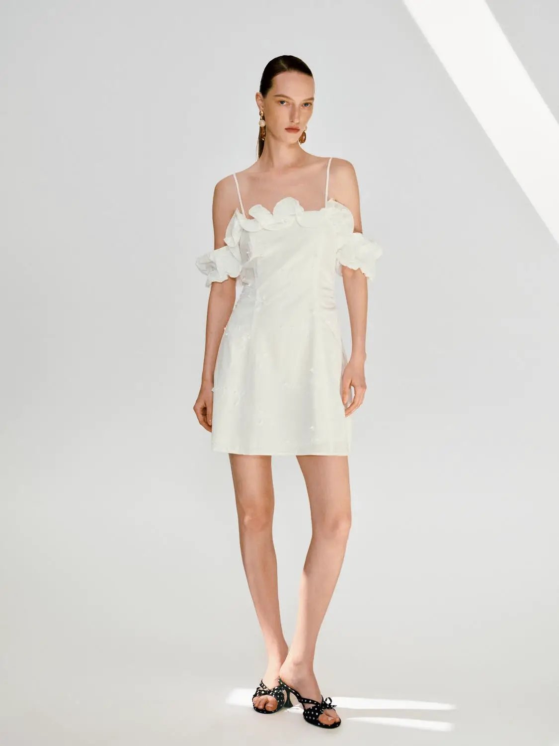 Cotton Lyocell A-Line Strappy Ruffle Trim Midi Dress, white, Urban Revivo