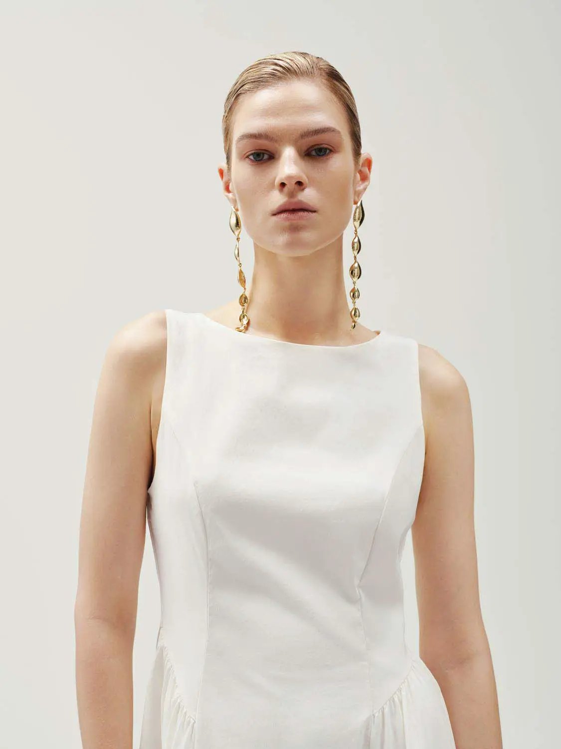 Crepe open-back sleeveless A-line midi dress in white