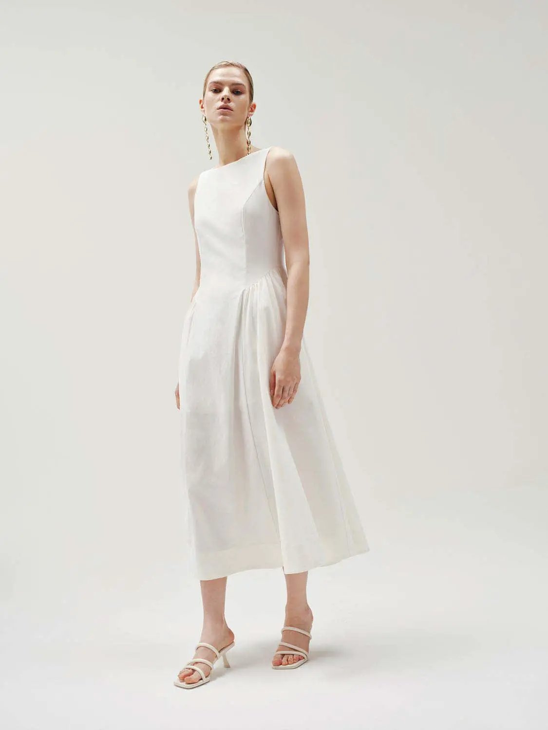 Crepe Open-Back Sleeveless A-Line Midi Dress in white.