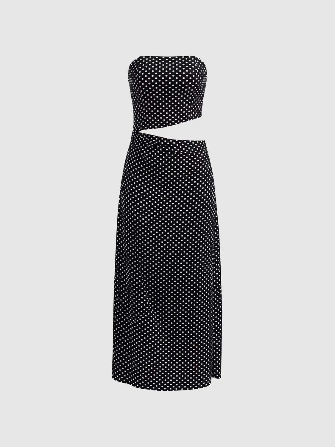 Skinny-fit black polka-dot dress with waist cutout and wrap detail, maxi length