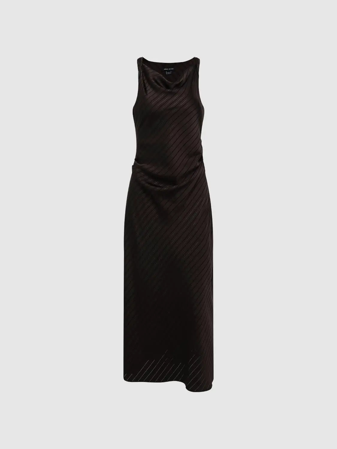A-Line Dress: sleeveless black maxi with diagonal pleated texture