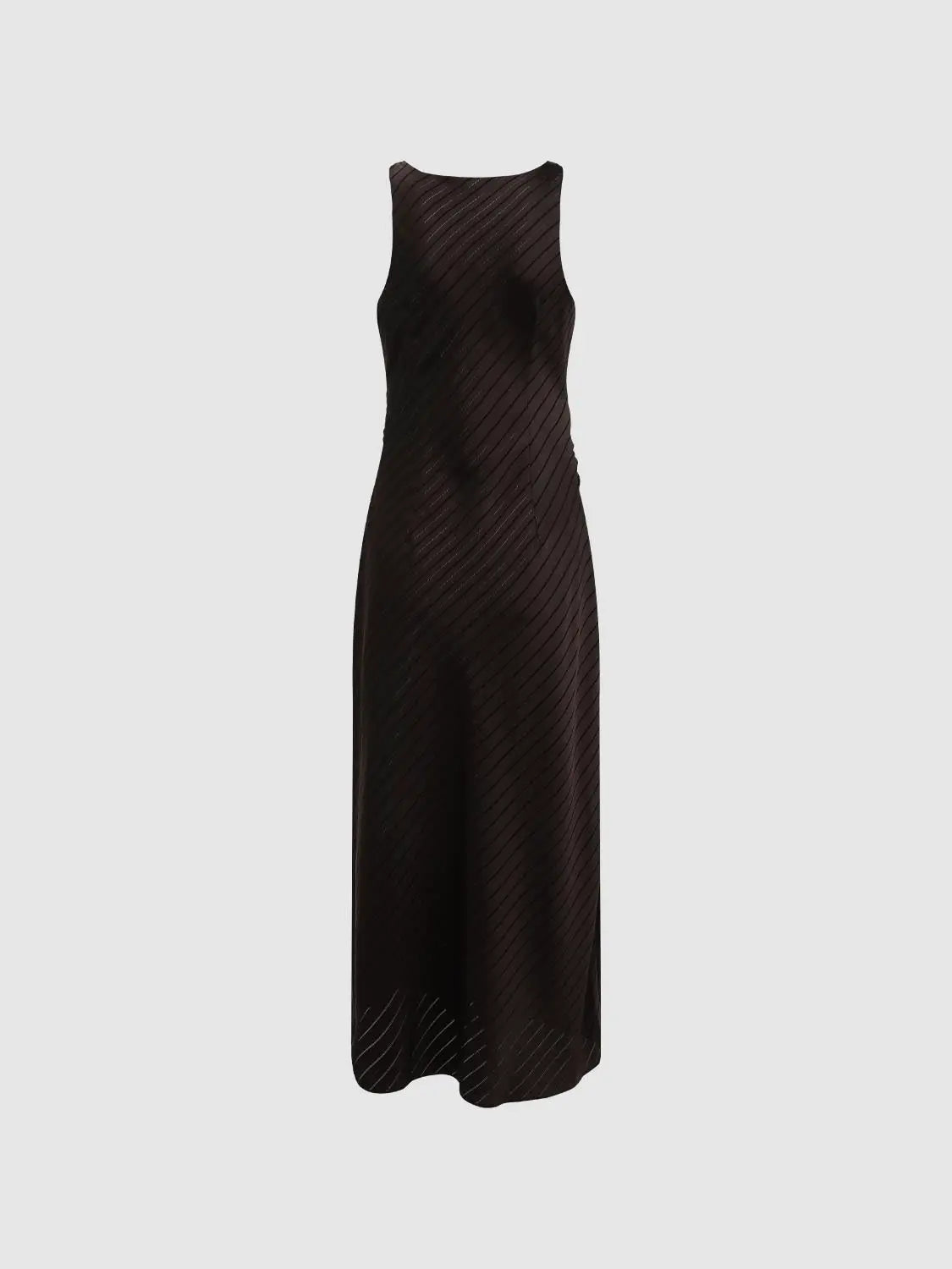 A-Line Dress in dark brown with diagonal pleated stripes, sleeveless maxi length