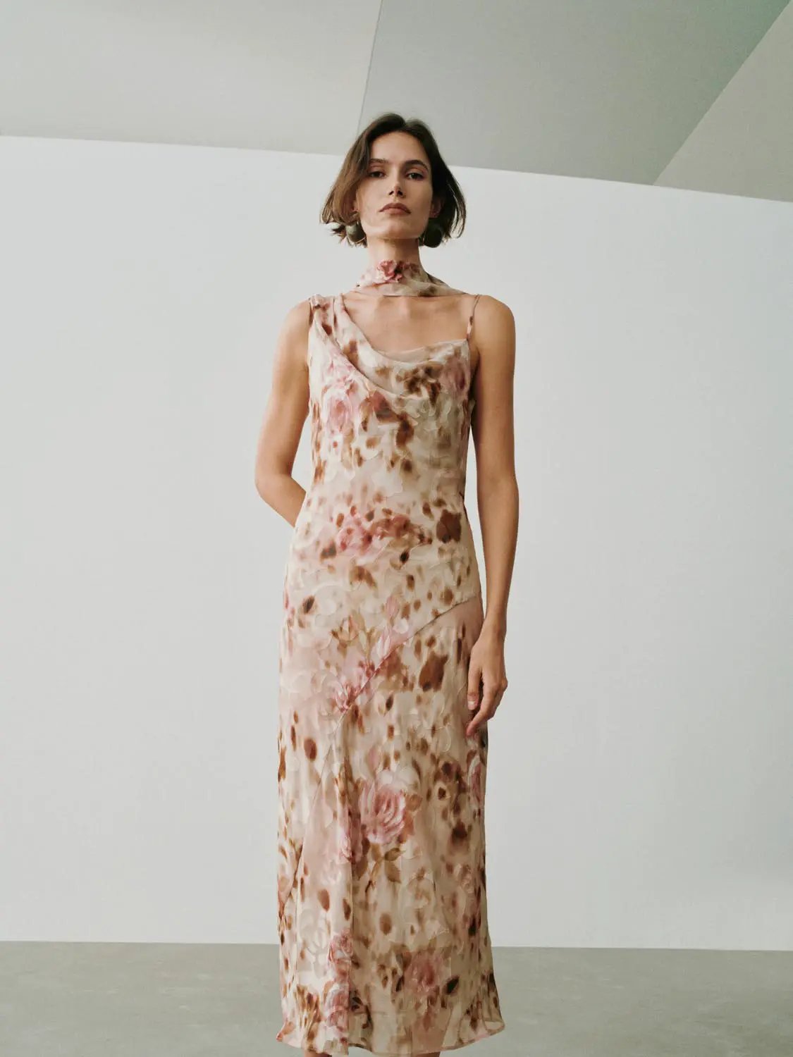 Soft Romantic Floral Print H-line Maxi Dress by Urban Revivo Fashion, blush floral pattern, thin straps, floor-length.
