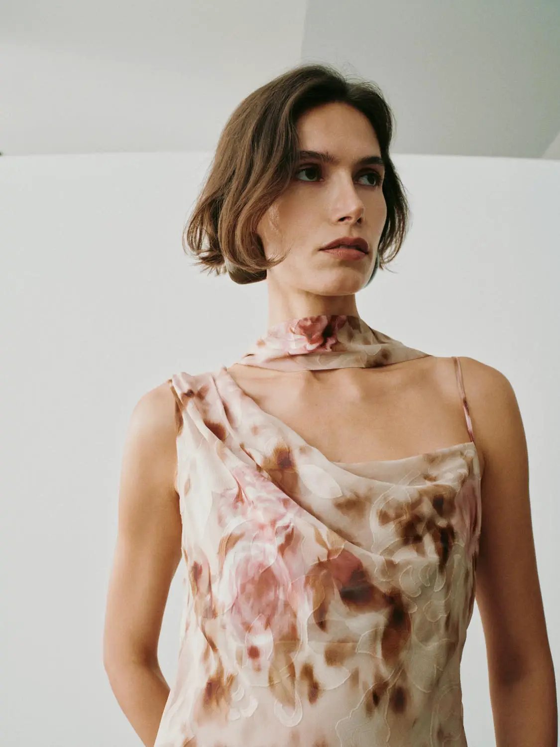 Soft Romantic Floral Print H-line Maxi Dress in blush pink and beige tones