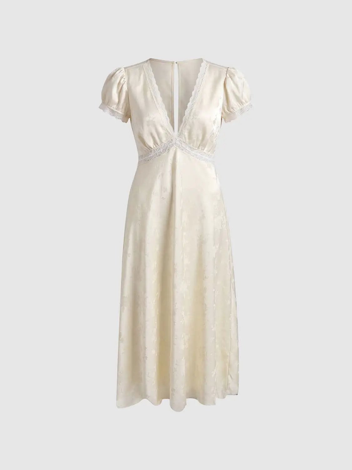 Floral Lace Trim V-Neck Puff-Sleeve A-Line Midi Dress in cream.