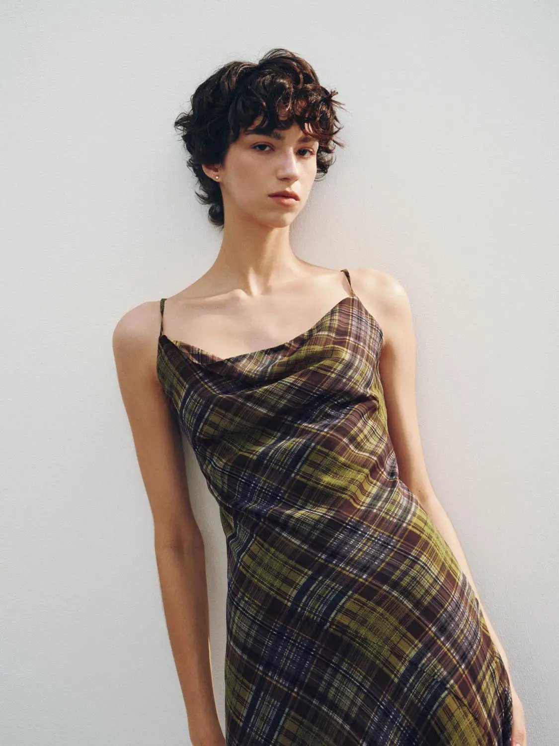 Plaid cowl-neck spaghetti-strap A-line dress in olive and brown plaid