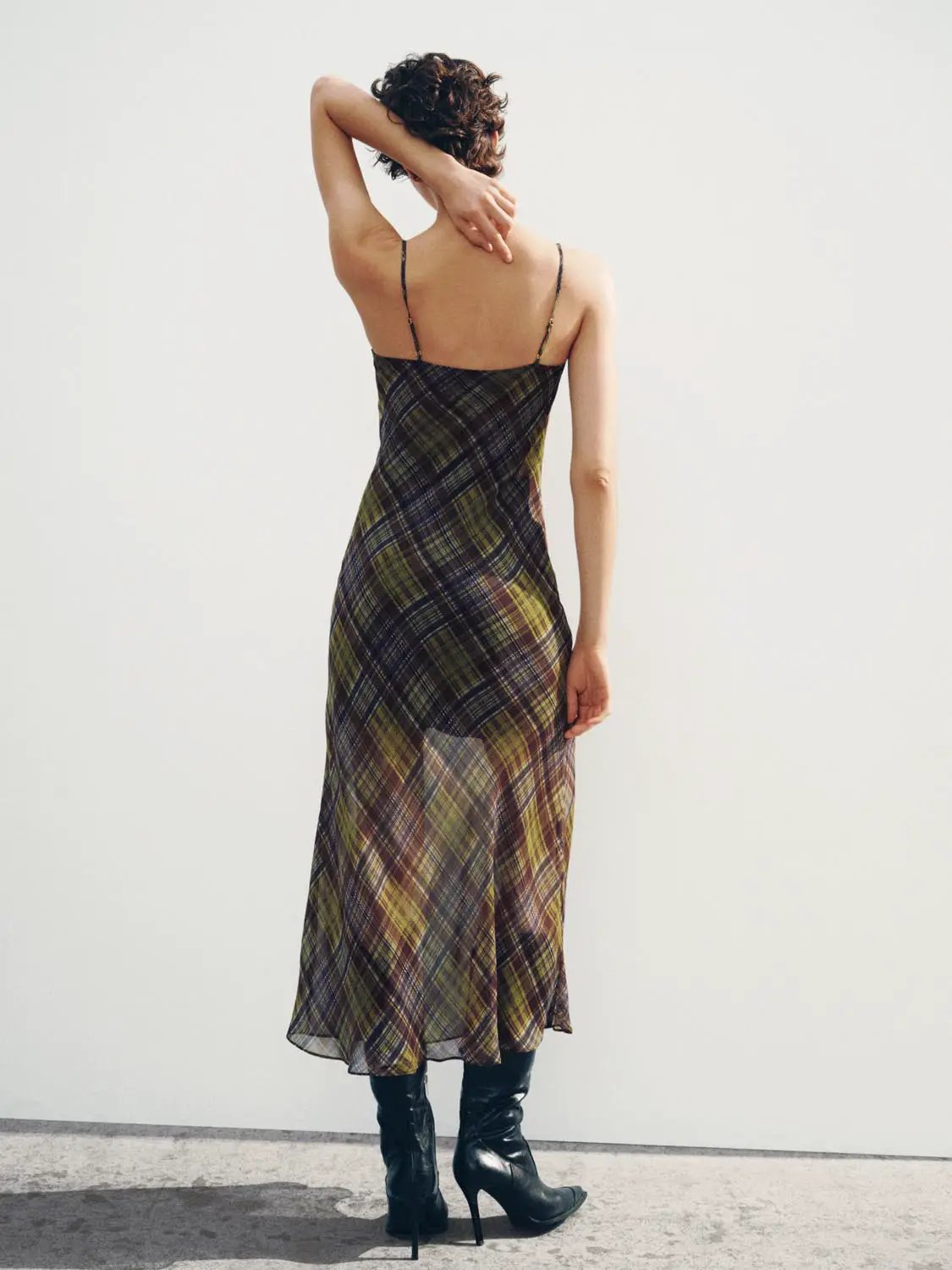 Plaid cowl-neck spaghetti-strap A-line dress in olive-brown plaid, midi length