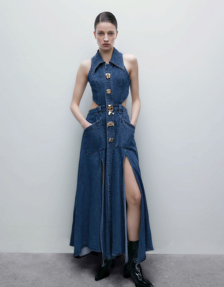 Cut-Out Sleeveless Lapel Denim Dress – URBAN REVIVO