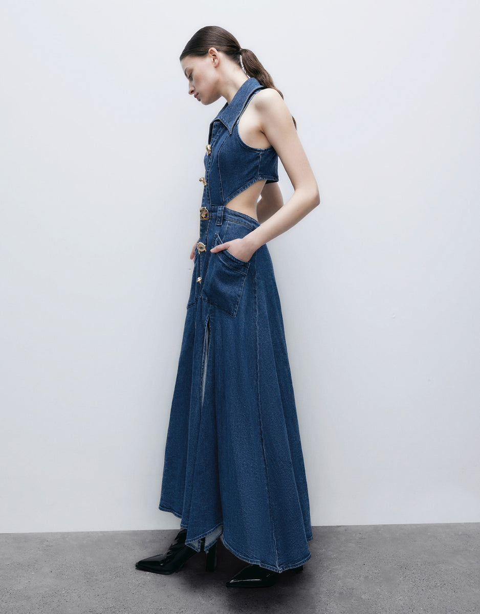 【BAON】Suu Ribbon Denim Sleeveless Long One Piece Sexy Denim Hollow Out Women Dress See Through Sleeveless
