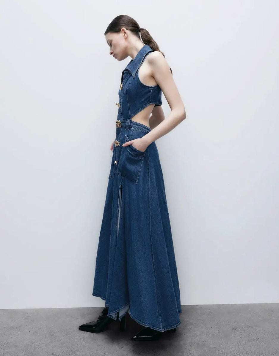 vivo denim maxi dress viv midi dress // blue denim *zoco exclusive* xlarge