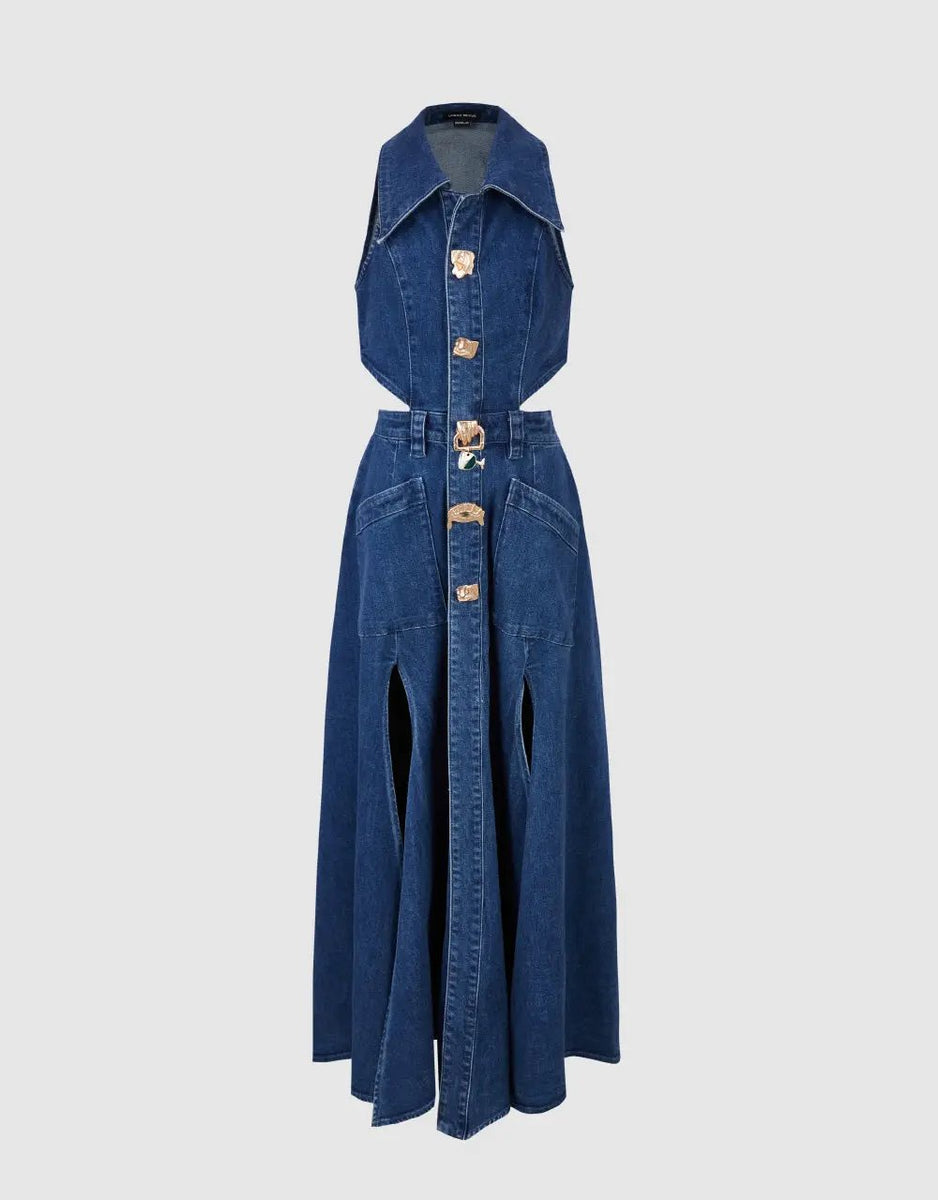 urban revivo denim dress Sleeveless Lapel Collar Cutout Split Maxi Dress, Blue / US 4 tone buttons run the wedding guest dresses 2023 size:9-10 Years (150cm) Long Formal Christmas Dresses
