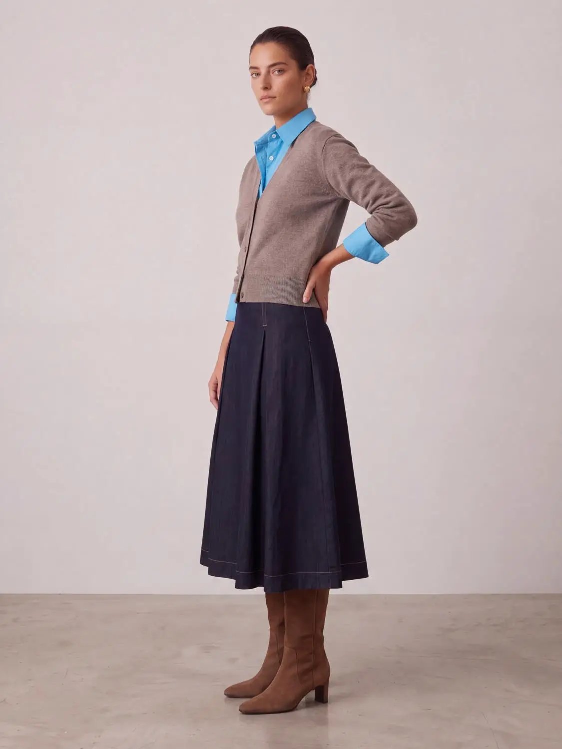 A-Line Midi Stretch Denim Skirt in navy by Urban Revivo Fashion