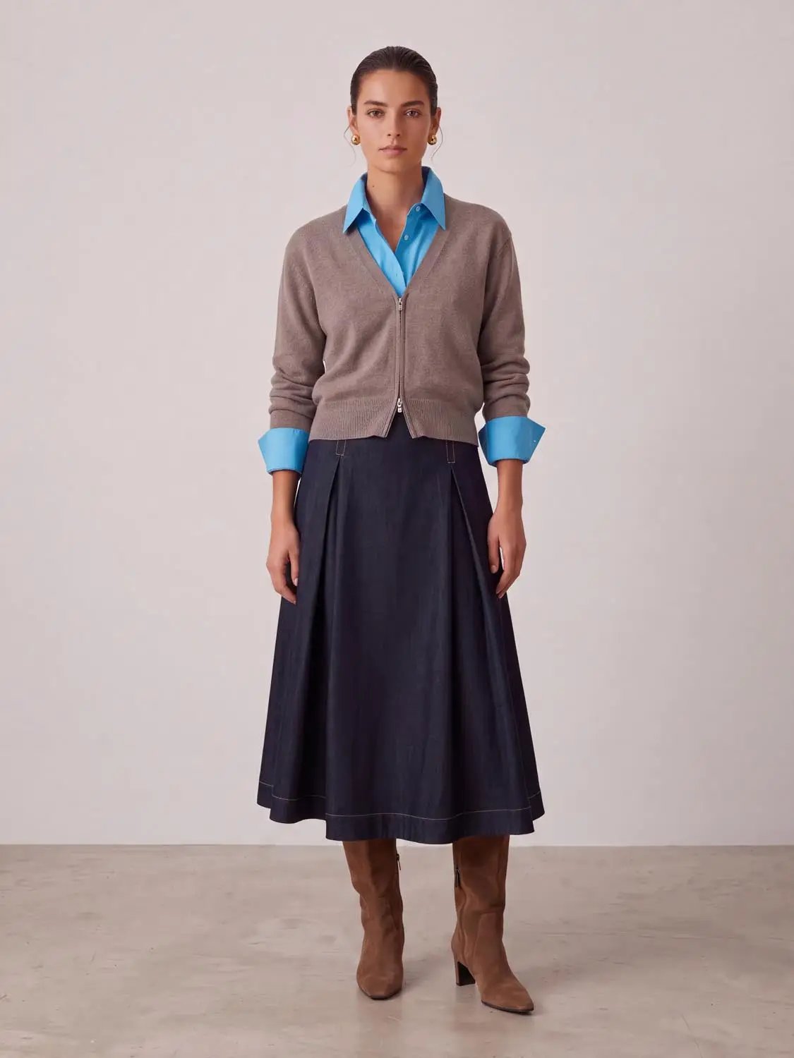 A-Line Midi Stretch Skirt, navy denim, Urban Revivo Fashion